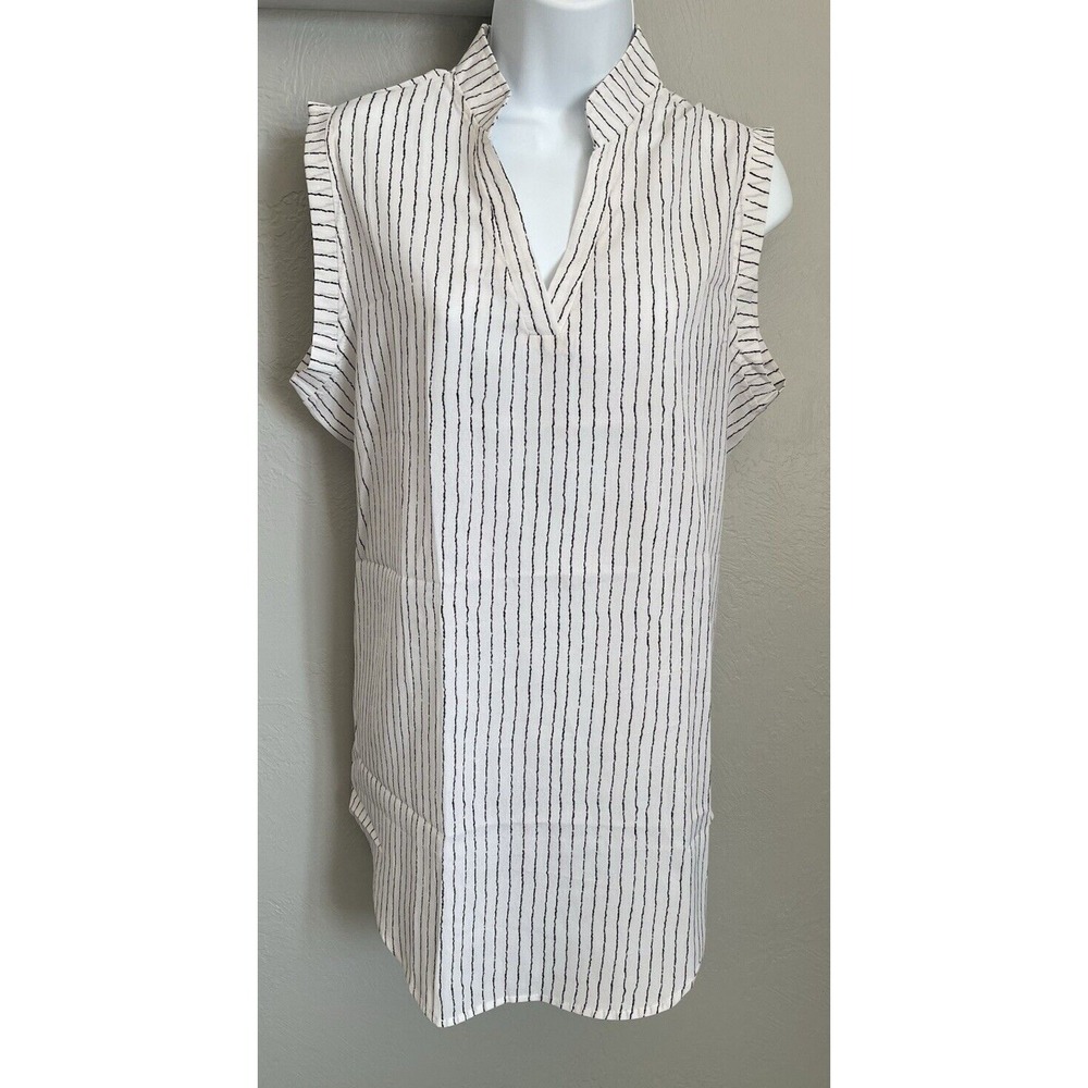 Amaryllis Women's Medium Sleeveless Tunic Blouse White Black Striped V-neck